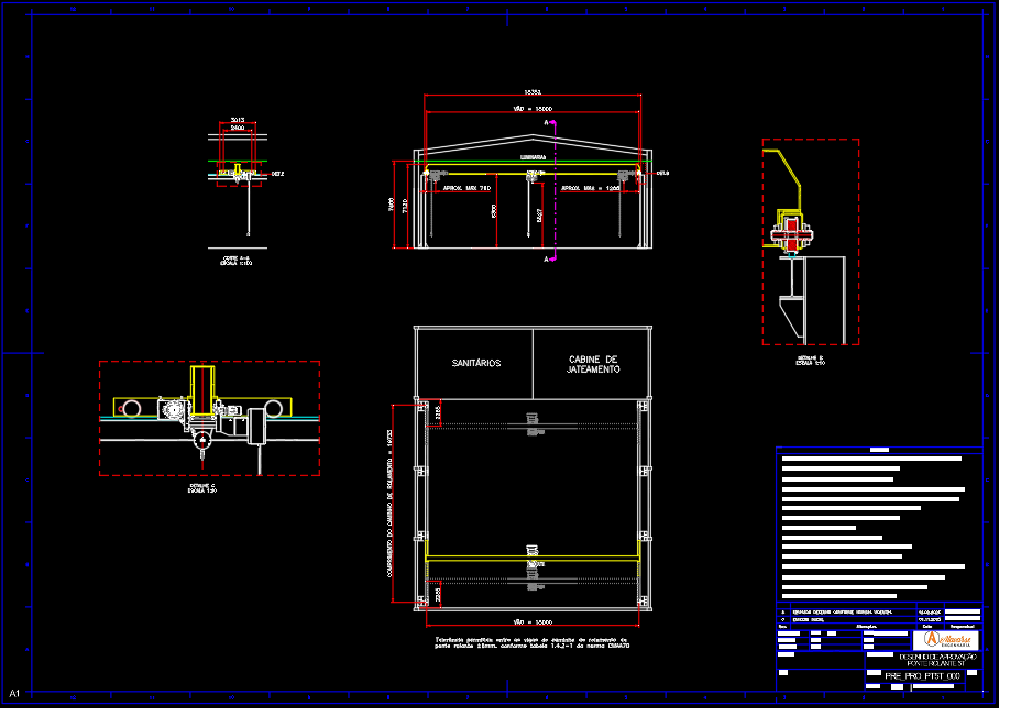 Desenho técnico de conjunto de ponte rolante