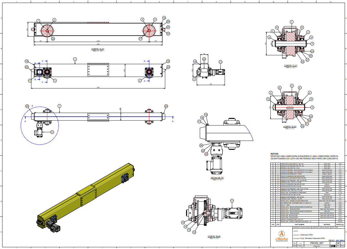 Desenho técnico do conjunto montado da cabeceira da ponte rolante