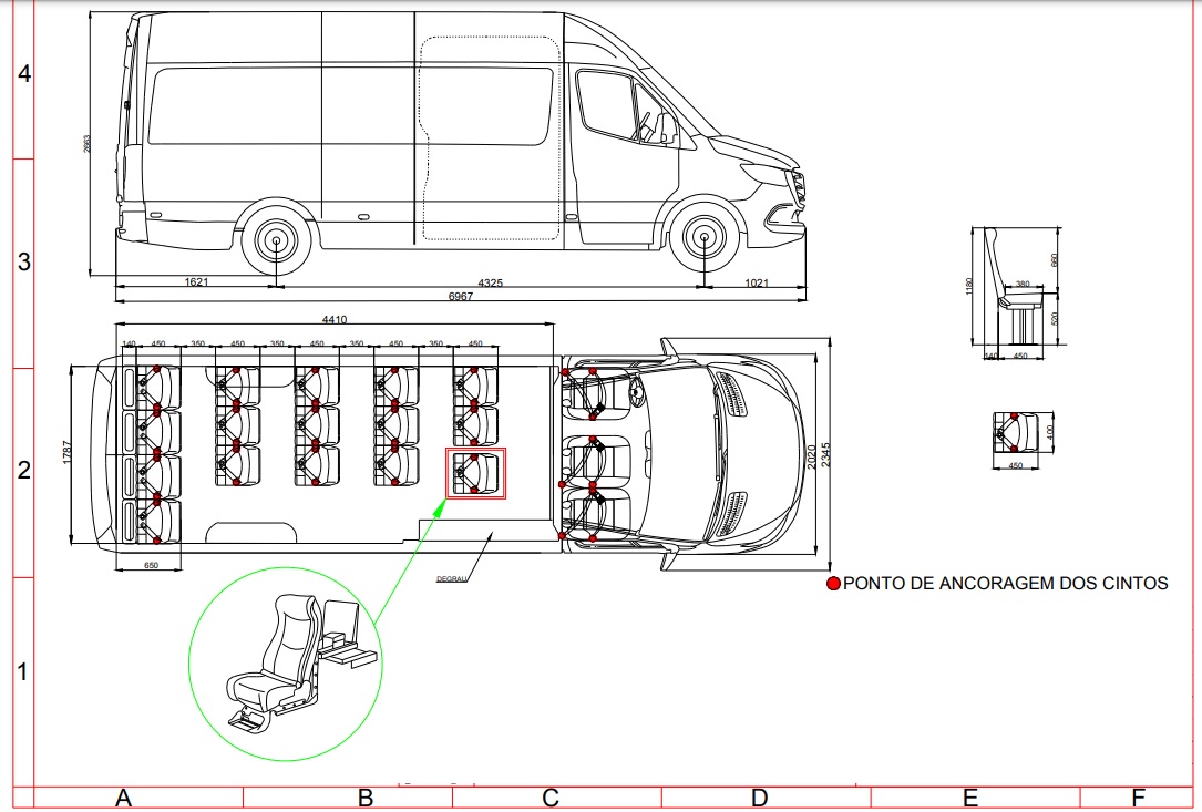 Layout técnico de van Sprinter para transporte escolar
